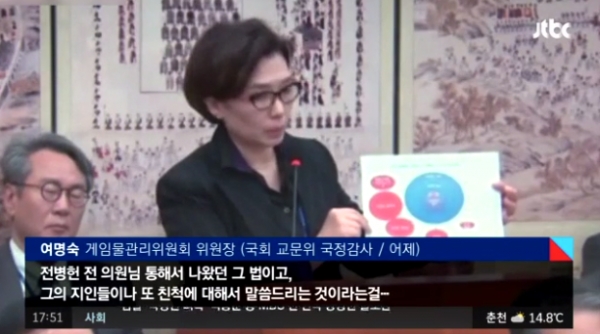 지난 30일 국정감사장에서 문제된 발언을 진행 중인 여명숙 위원장 / 이미지 : JTBC 방송 캡쳐