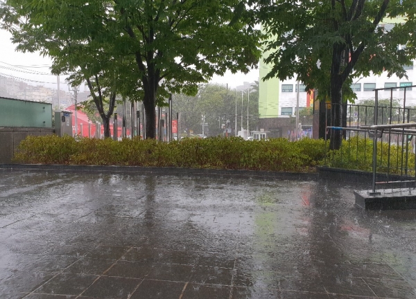 서울 서부역에 비가 내리고 있다.