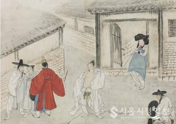한량들이 유흥가(기생집)에서 싸우는 조선시대의 풍속을 그린 신윤복의 작품 “유곽쟁웅(遊廓爭雄)”이다.
