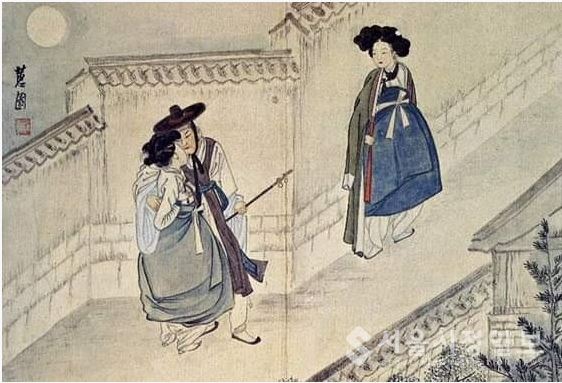 조선의 화가 혜원 신윤복(申潤福, 1758년 ~ 1814년경)의 작품 월야밀회(月夜密會)다.
