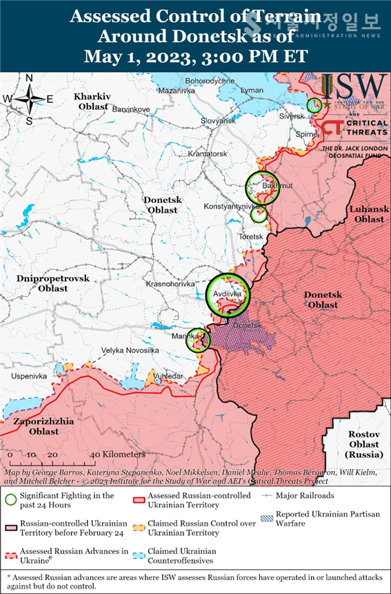 러시아군과 우크라이나군이 대치하고 있는 전선 배치도(체첸군 투입이 예상되는  마린카  지역)