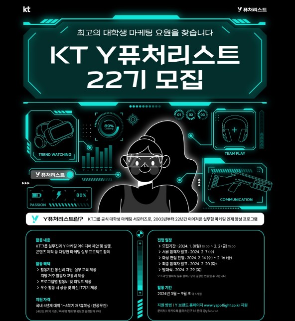 KT가 2024년도에 활동할 KT의 대학생 마케팅 서포터즈 그룹인 ‘Y퓨처리스트’를 1월 8일부터 2월 2일까지 모집한다고 밝혔다.(사진=KT 제공)
