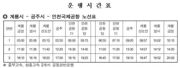 ▲ 계룡~공주~인천공항 노선표   /  계룡시 제공